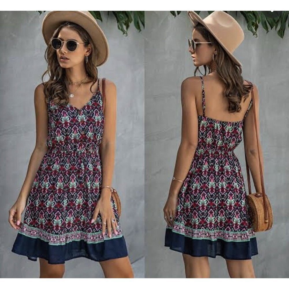 Summer Flower Printed V-Neck Sleeveless Ruffled Dress Buttons Size S